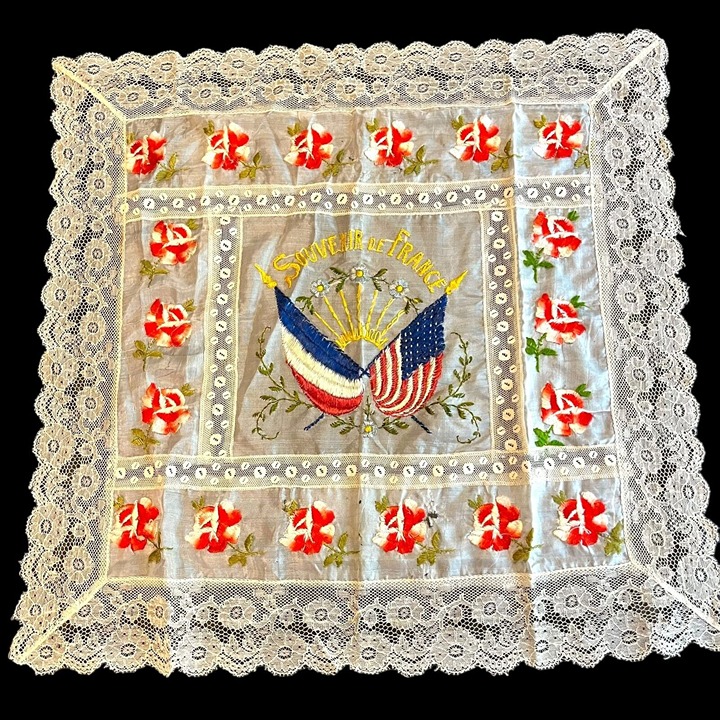 RARE Antique WWI War Souvenir De France Silk Scarf Embroidered Roses & Flags