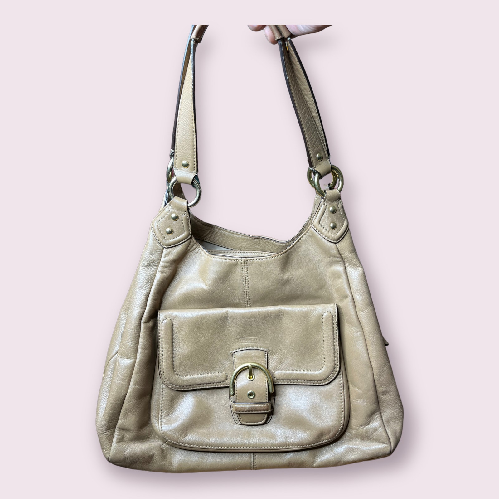 Coach Beige Leather Zip 3 Section Shoulder Bag