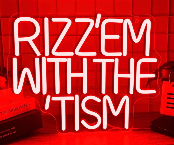 Fun Bright Red “Rizz’em With ‘Tism” LED Night Light Room Wall Decoration