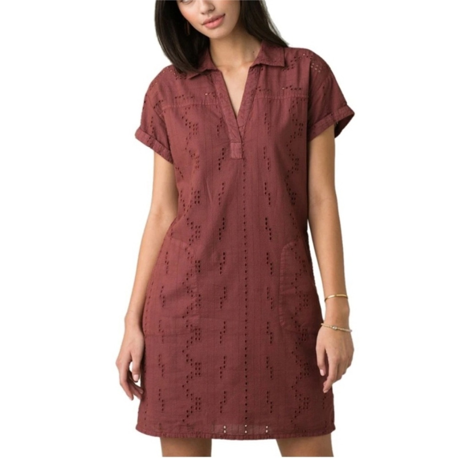 Prana Ladyland Eyelet Polo Collar Sheath Minimalist Shirt Dress SMALL Earth tone