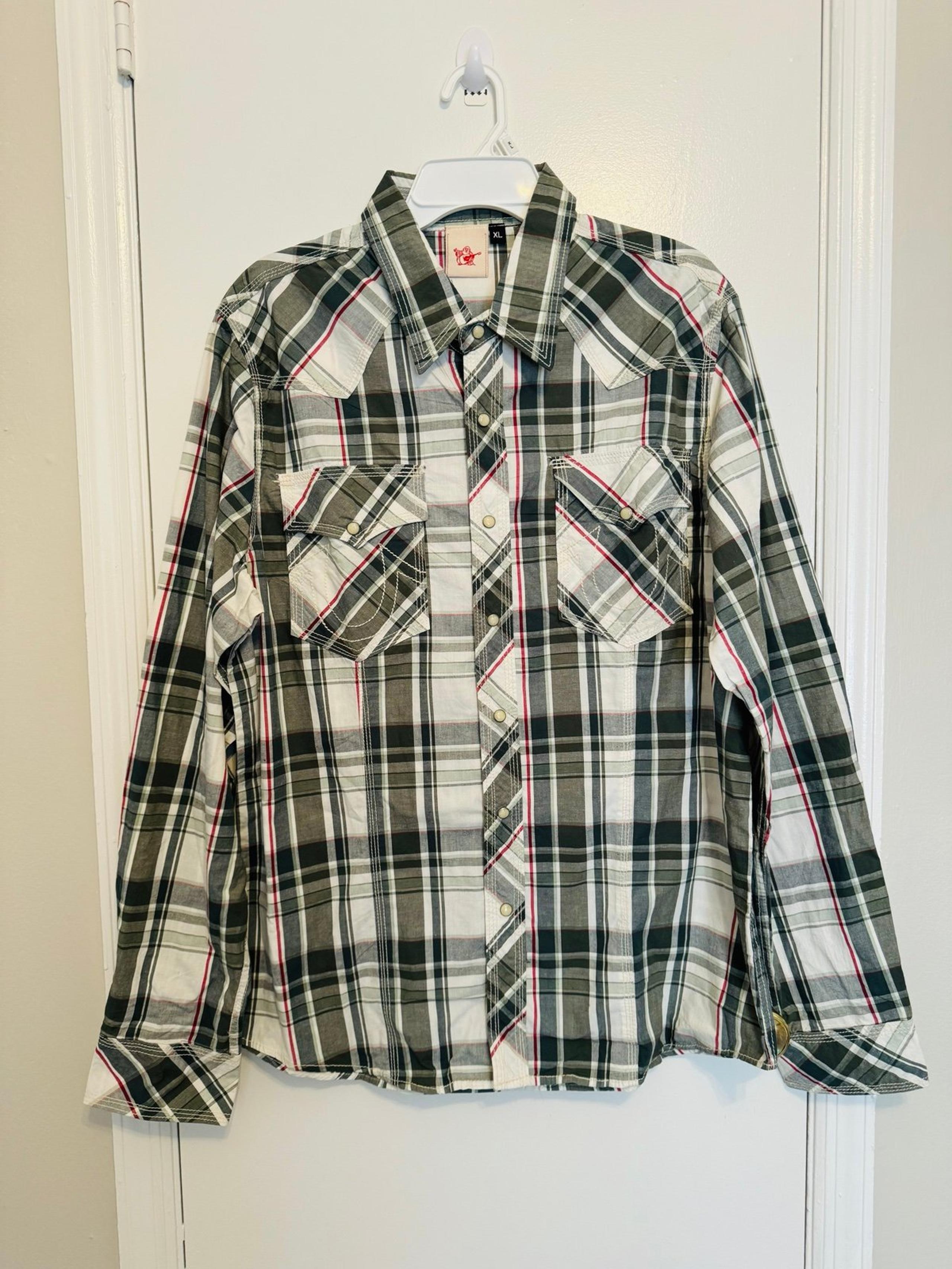 True Religion Western Pearl Snap Shirt White Breen Red Plaid Cowboy Mens XL