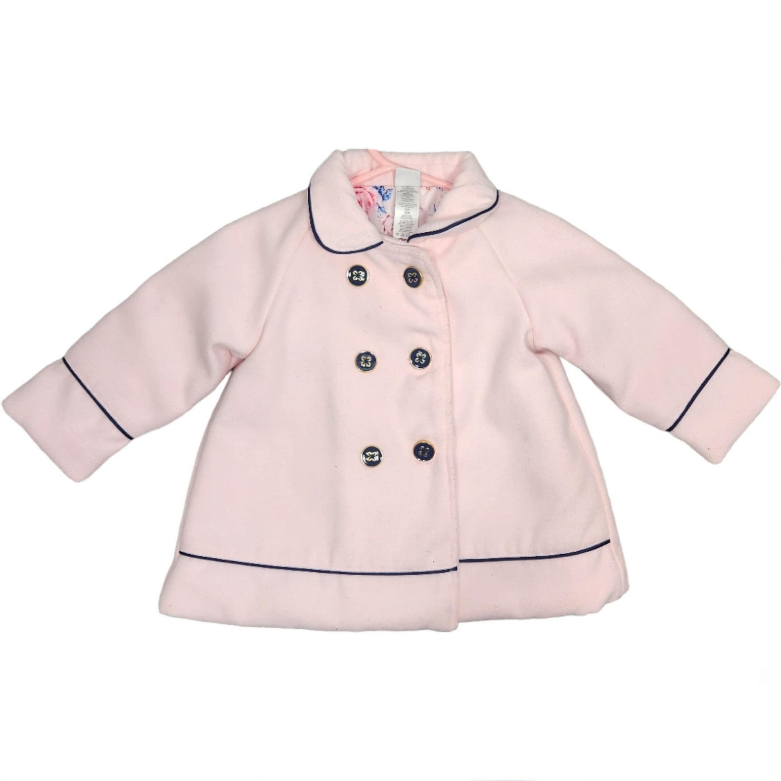 Little Me Light Pink Pea Coat With Navy Blue Outline & Buttons