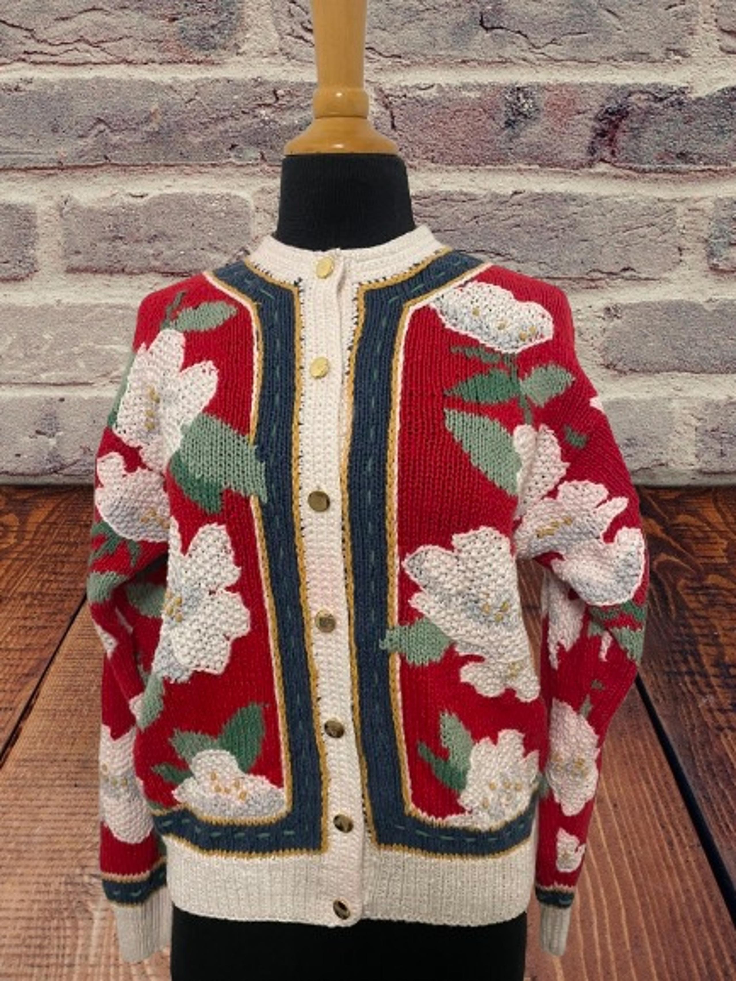 Vintage women’s Orvis Christie red cardigan sweater white flowers size small