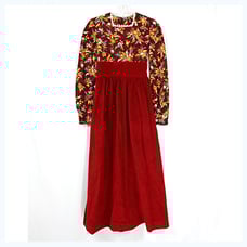 Vintage Red Velvet Floral Prairie Empire Waist Long Sleeve Maxi Dress S 1970s