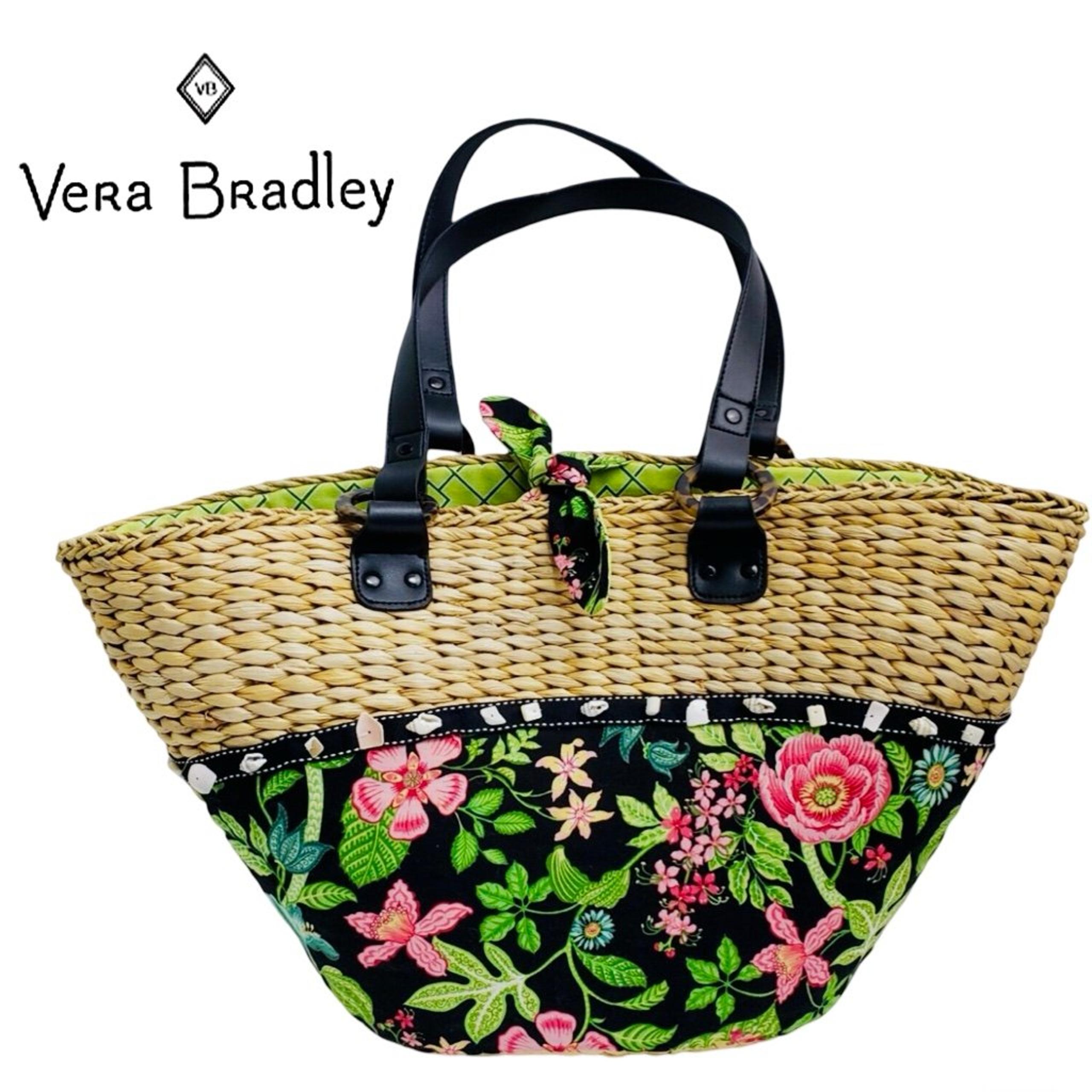 Vera Bradley Botanica Large Tote Natural Woven Straw Sea Shell Trim EUC