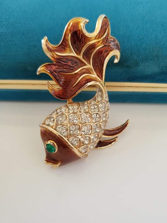 Vintage 1960s CROWN TRIFARI Signed Amber Enamel & Clear Crystal Rhinestone Gold
