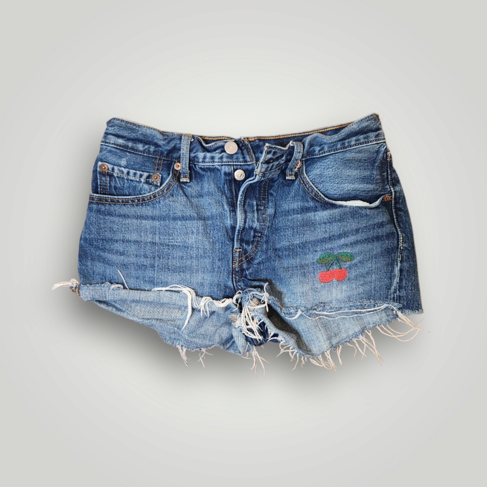 501 LEVI'S Size 26 Button Fly Cutoff Shorts w Cherry Accent button fly Denim