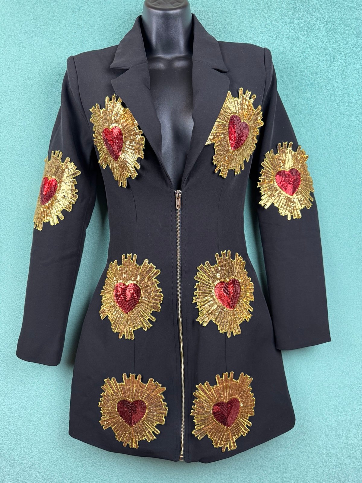 NWT Akira Glistenin In Gold Blazer Dress Women’s S Black Multi Red Heart Sequin