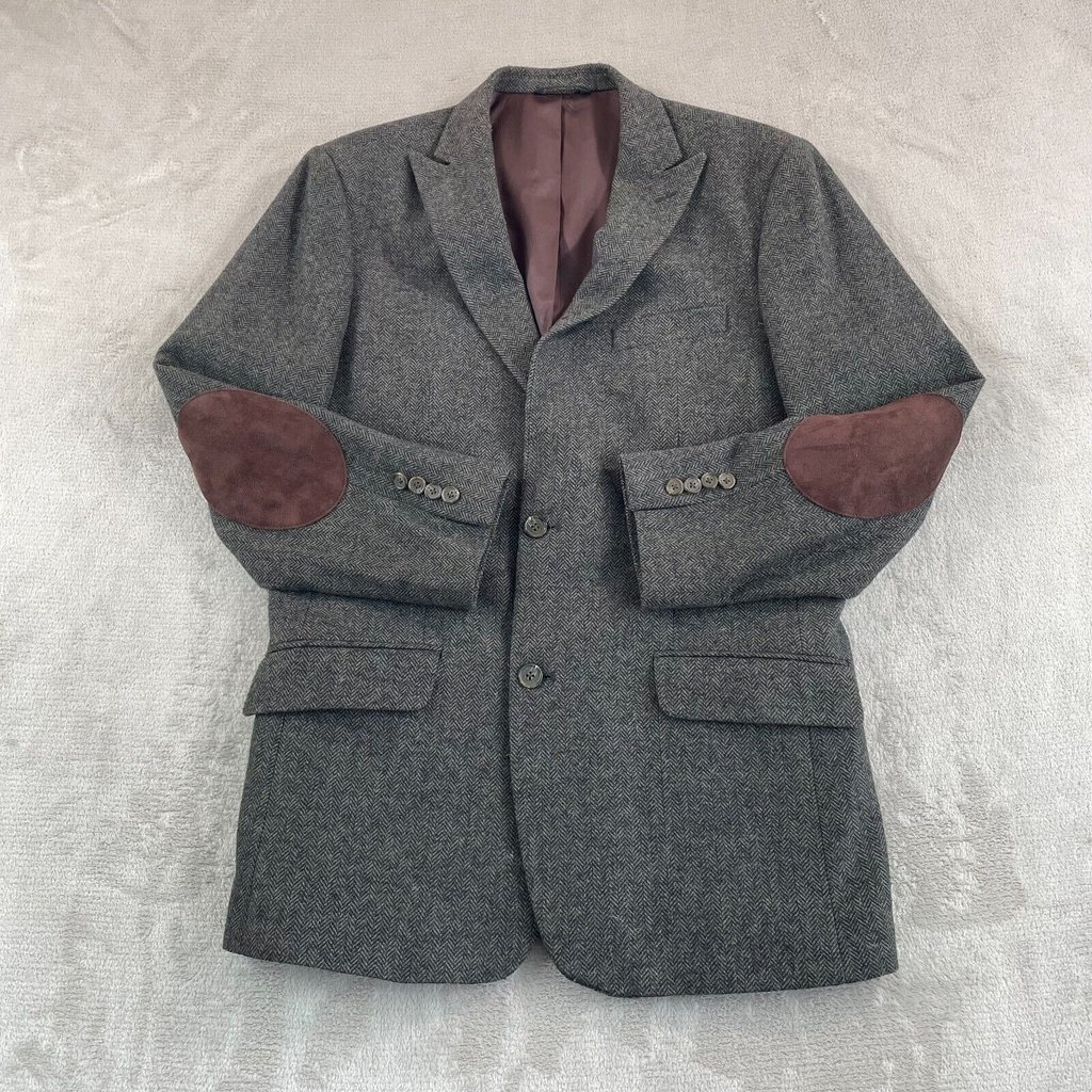 Banana Republic Herringbone Blazer Sports Coat 42L Grey Wool Blend Elbow Patches