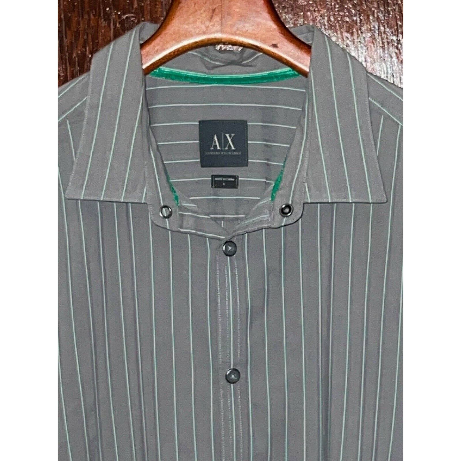 A/X ARMANI EXCHANGE GRAY GREEN STRIPED COTTON NYLON STRETCH SHIRT SZ L SNAPS