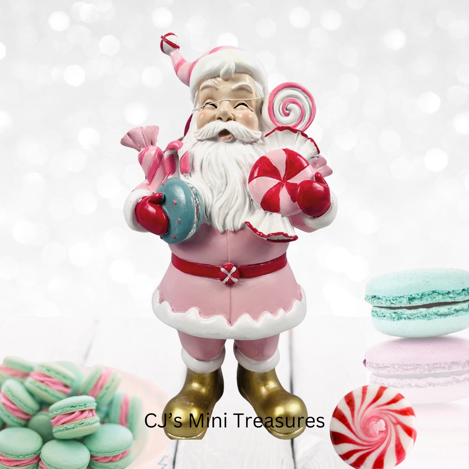 Peppermint Square Pink Retro Santa W / Candy Christmas Figurine 12.5” NEW
