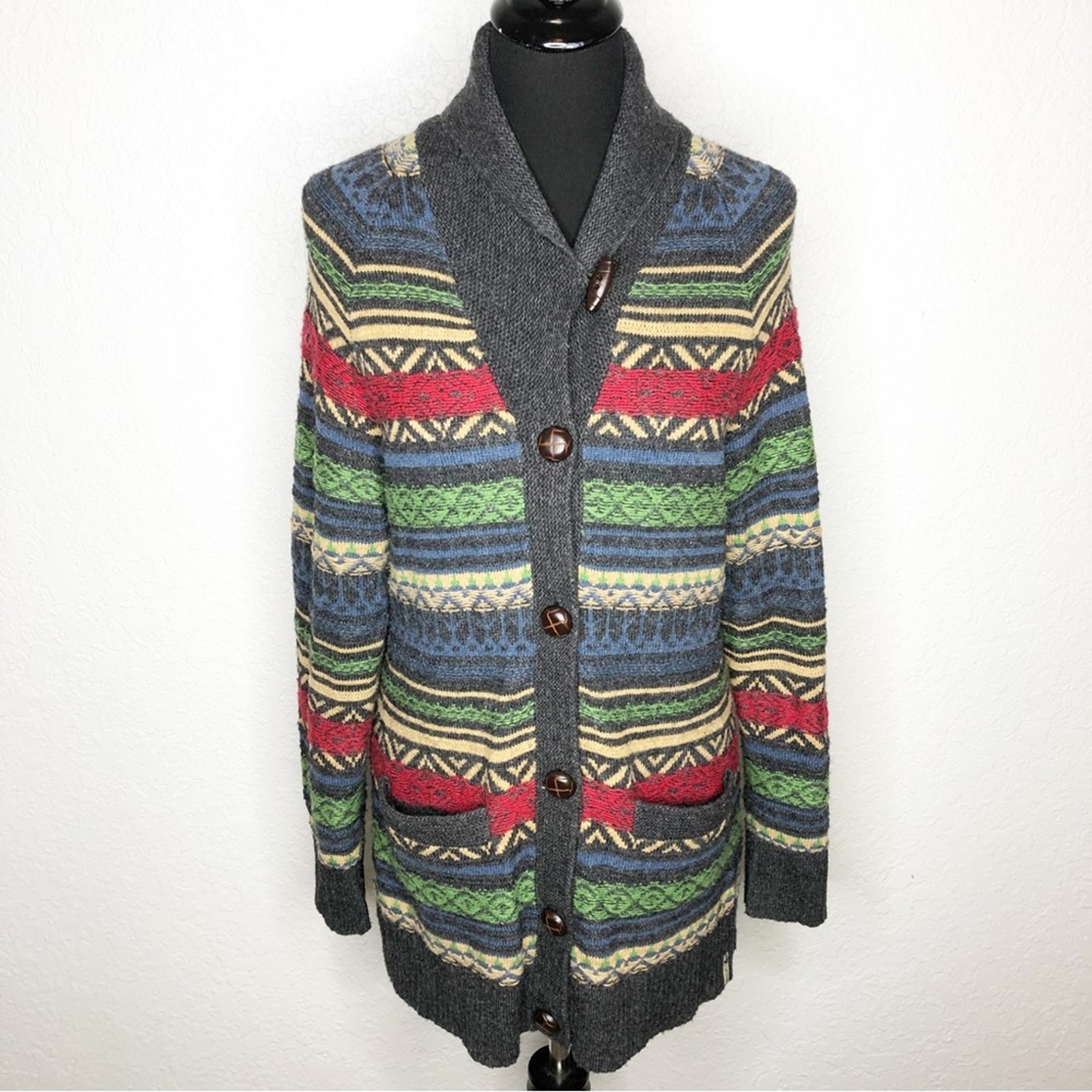 Woolrich charcoal gray red blue green striped button wool blend cardigan Medium