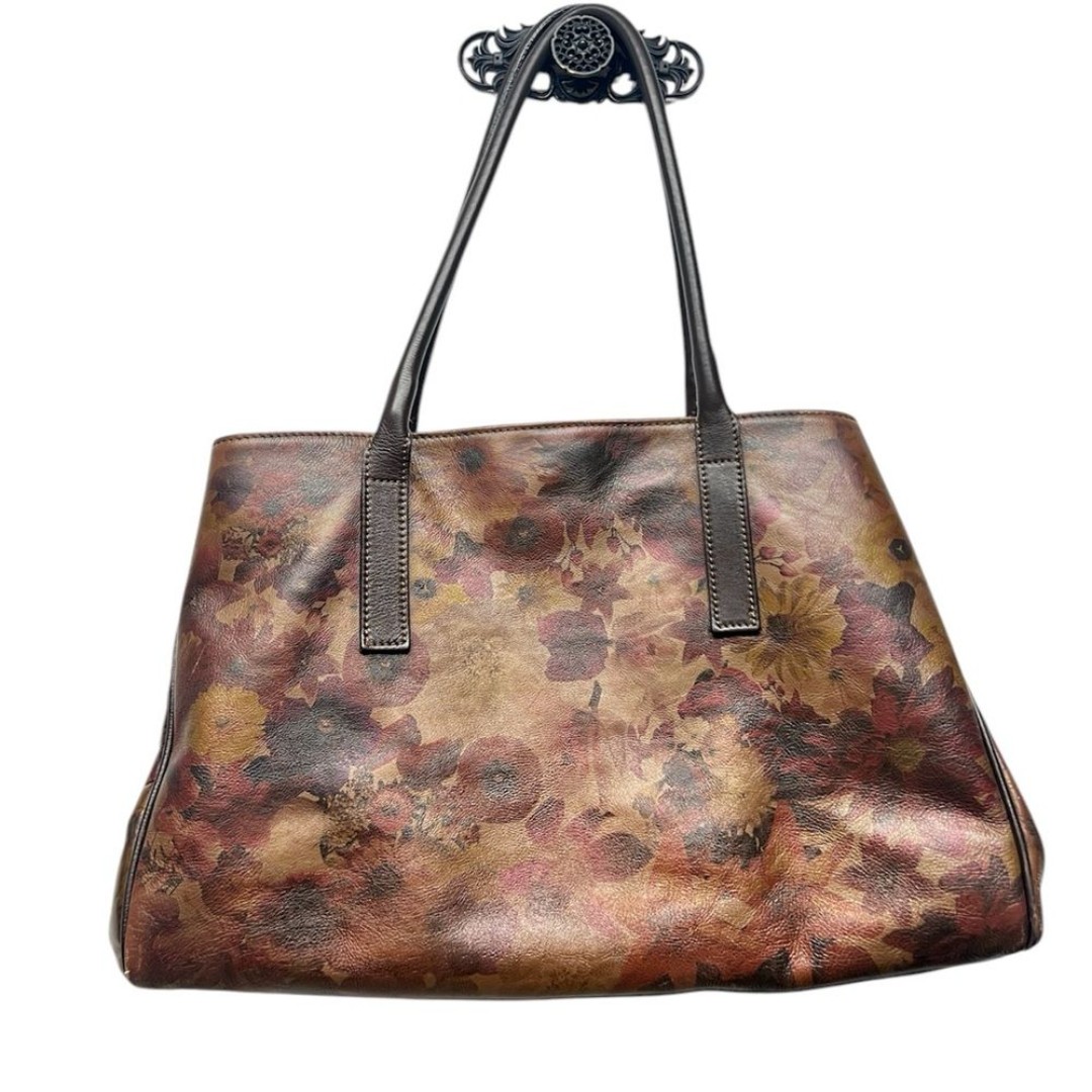 Maurizio Taiuti Floral Tote Bag 16” x 11” Italian Leather brown burgundy tone