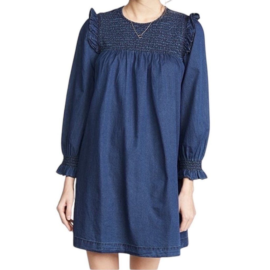 NWT MADEWELL Indigo Ruffle Smock Detail Long Sleeve Babydoll Dress Size Large