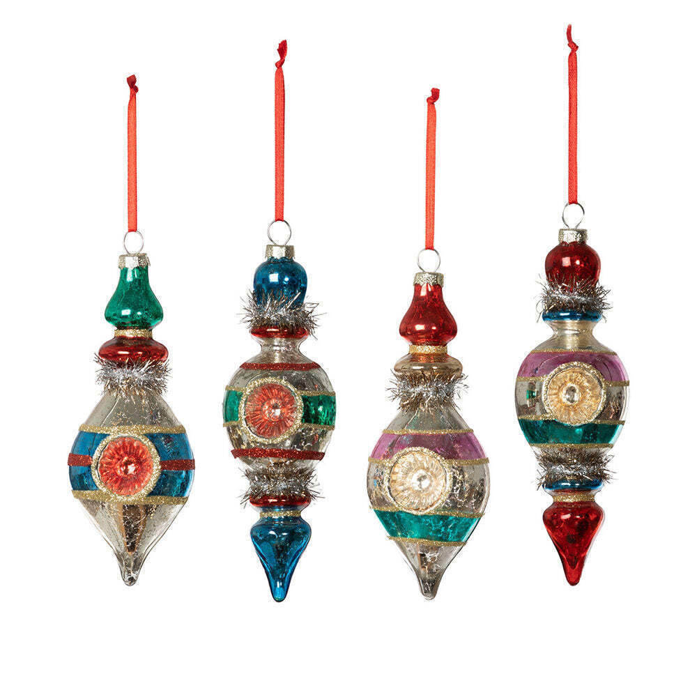 Retro Reflector Finial Ornament w/ Tinsel Set of 4