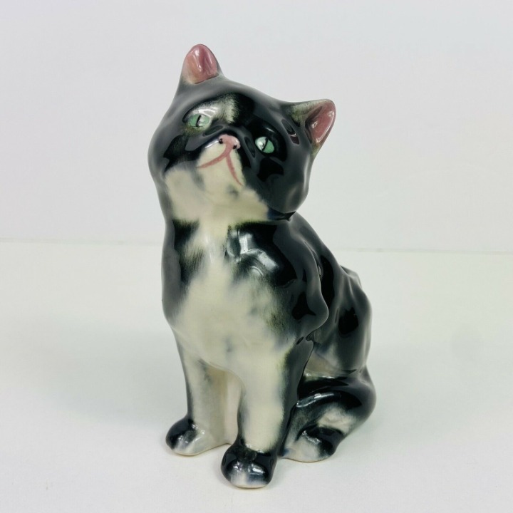 Vtg Ceramic Cat Planter 5 Tall Antique Germany Black & White Kitten Air Plant