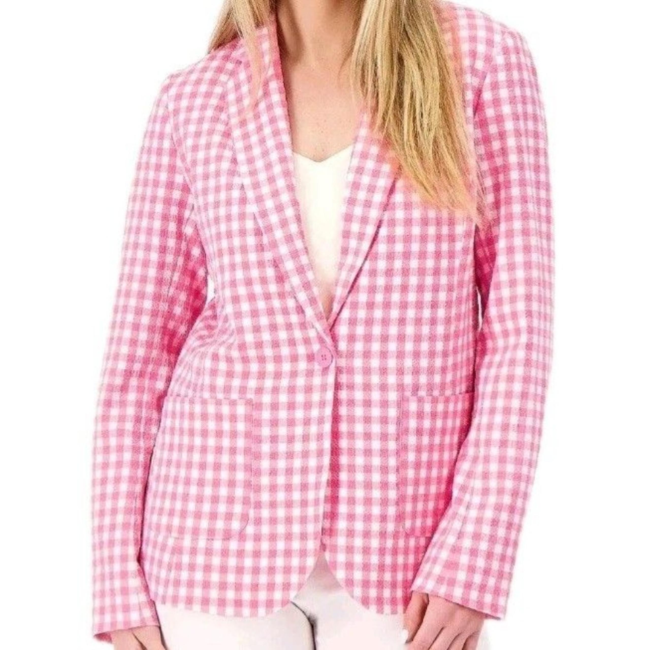 Susan Graver Pink White Gingham Plaid Boyfriend Blazer Women SZ 10