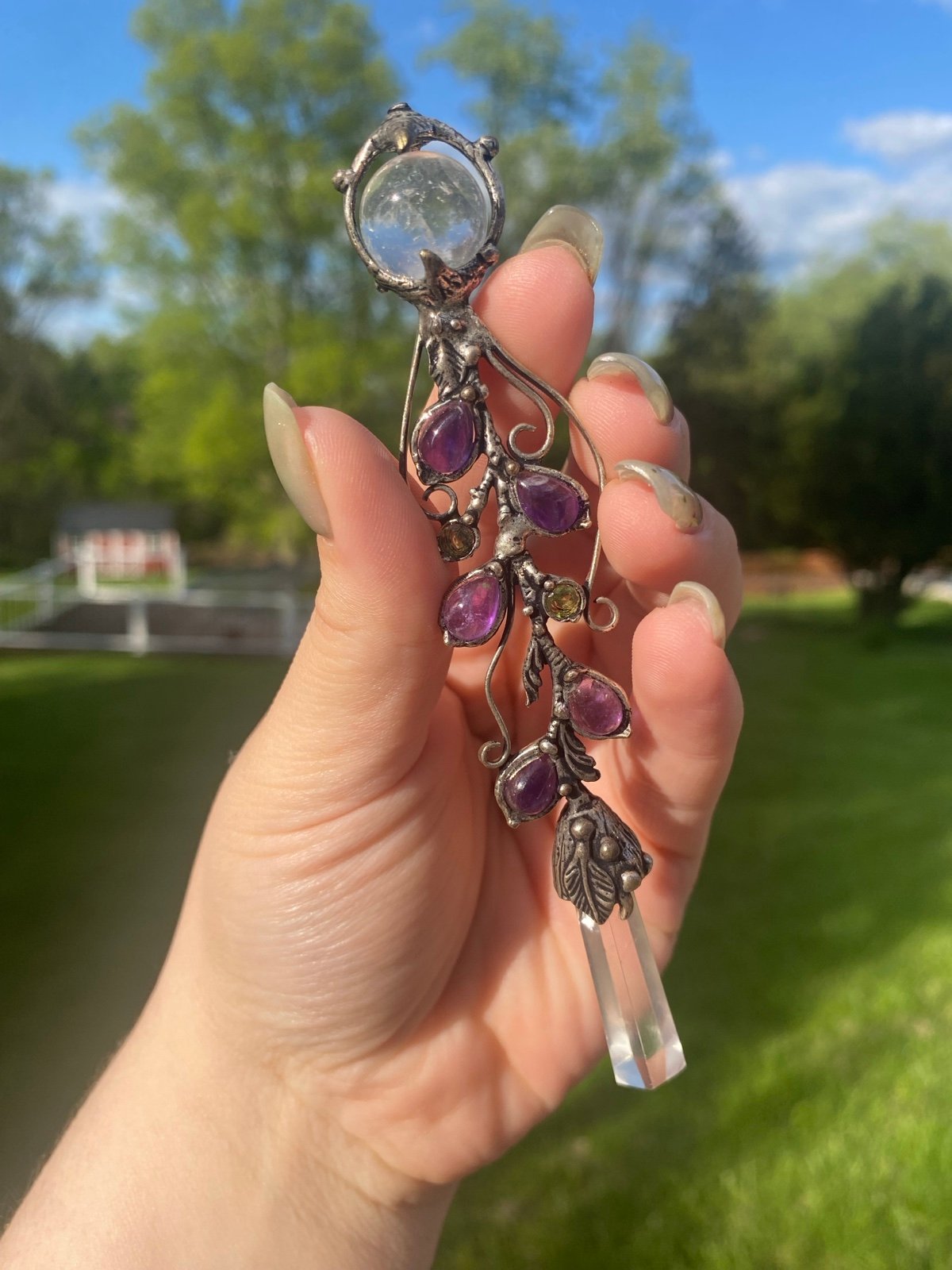 Amethyst, Peridot and Clear Quartz Crystal Gemstone Wand!