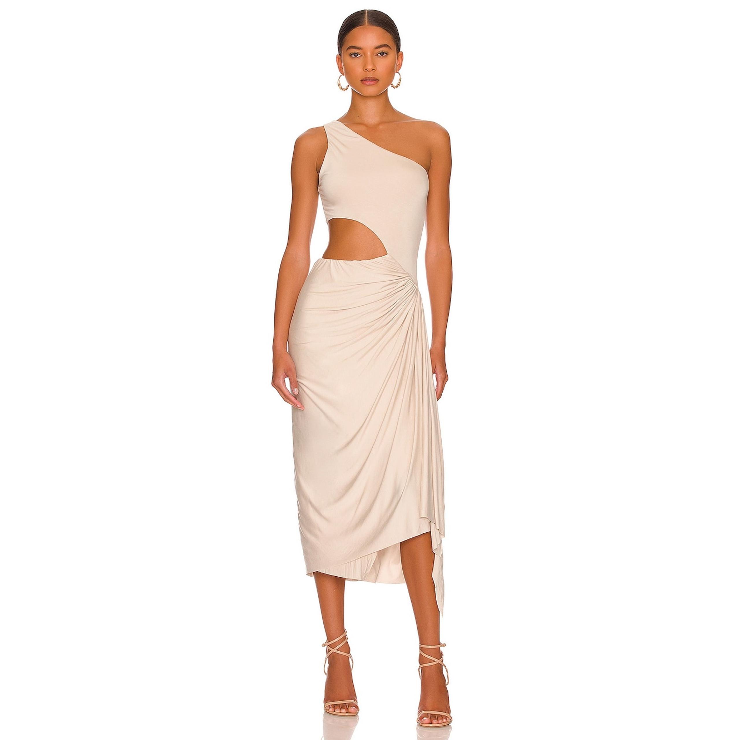 L'Academie Lara Midi Dress Nude One Shoulder Jersey Smock Side Cut Out Sz S