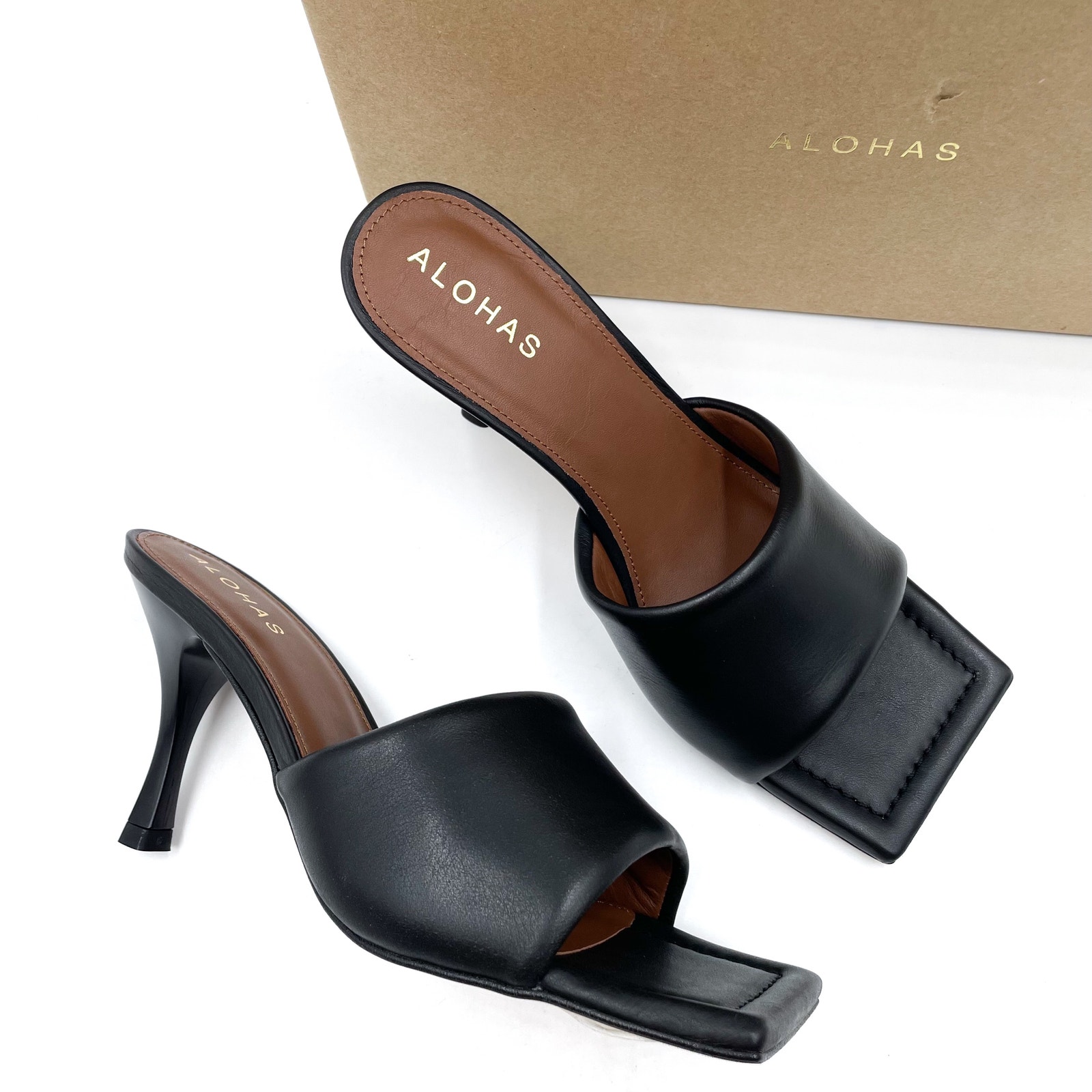Alohas Puffy Mules Black Leather Sandals Stiletto Square Open Toe Sz 6.5