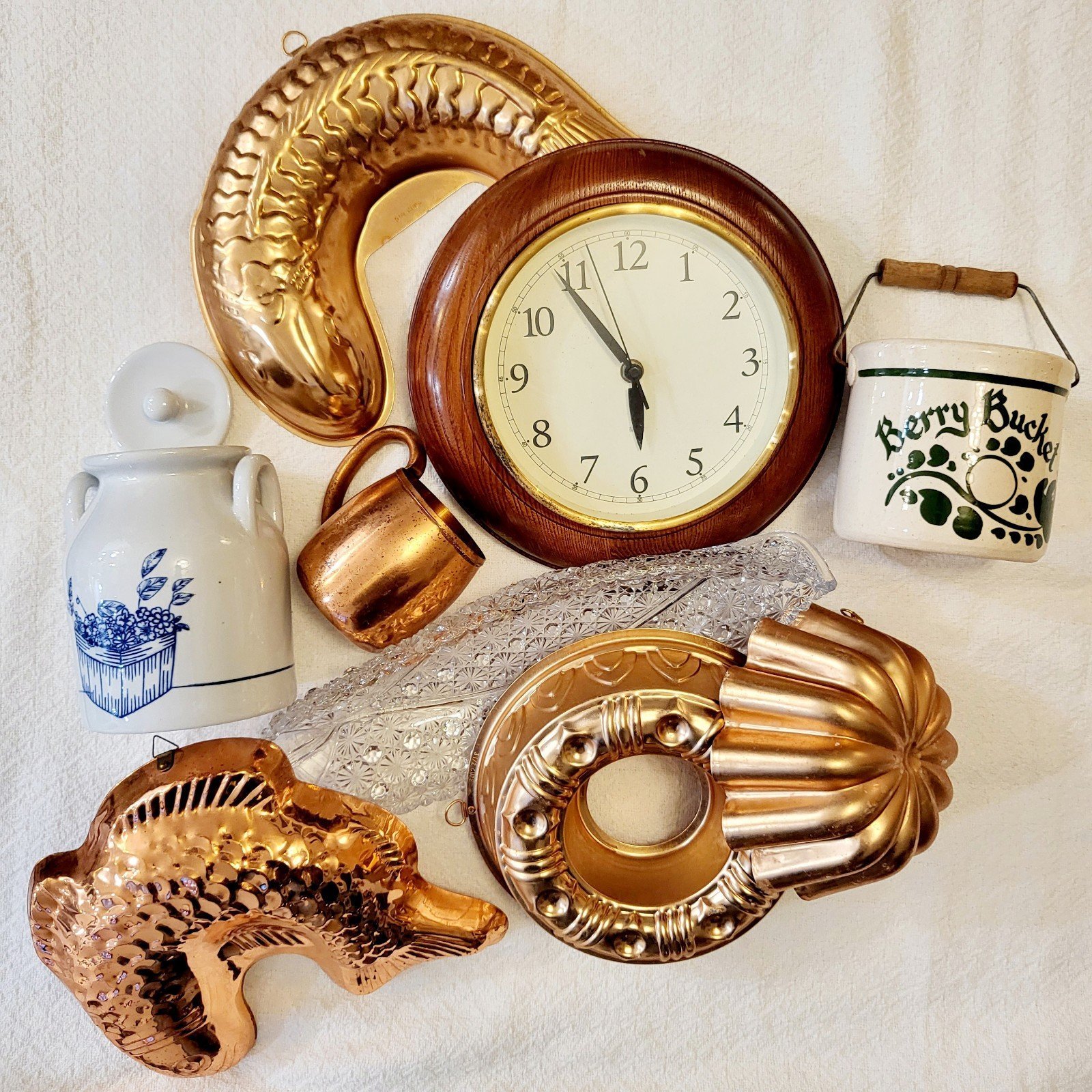 Vintage Country Cottage Decor Bundle - copper, glass, crocks, and clocks