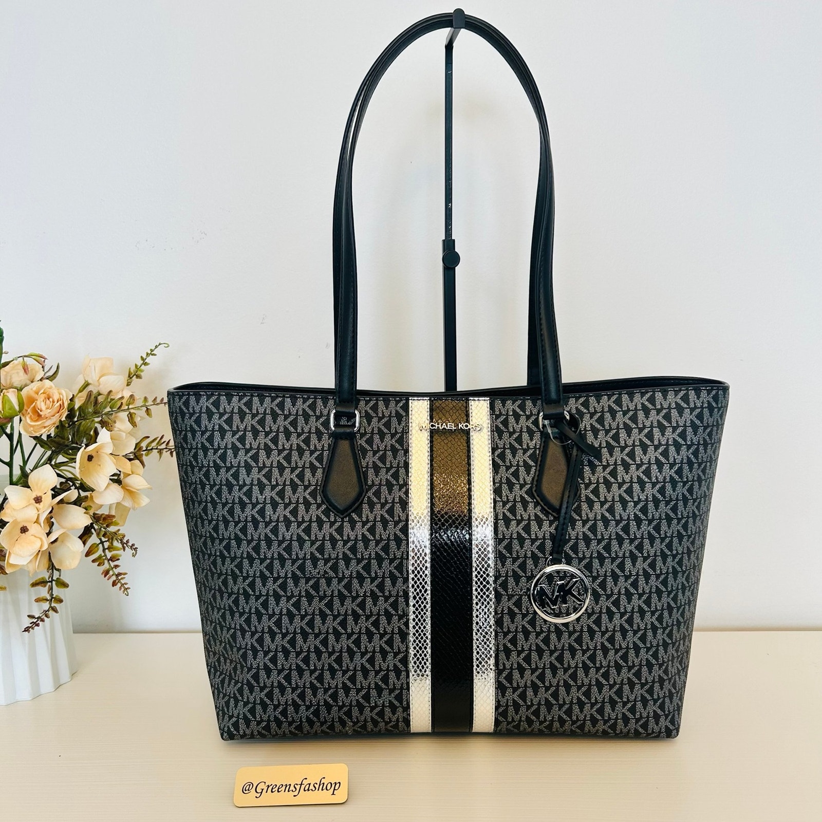 Michael Kors Sheila Large Signature Logo and Metallic Tote Bag Black