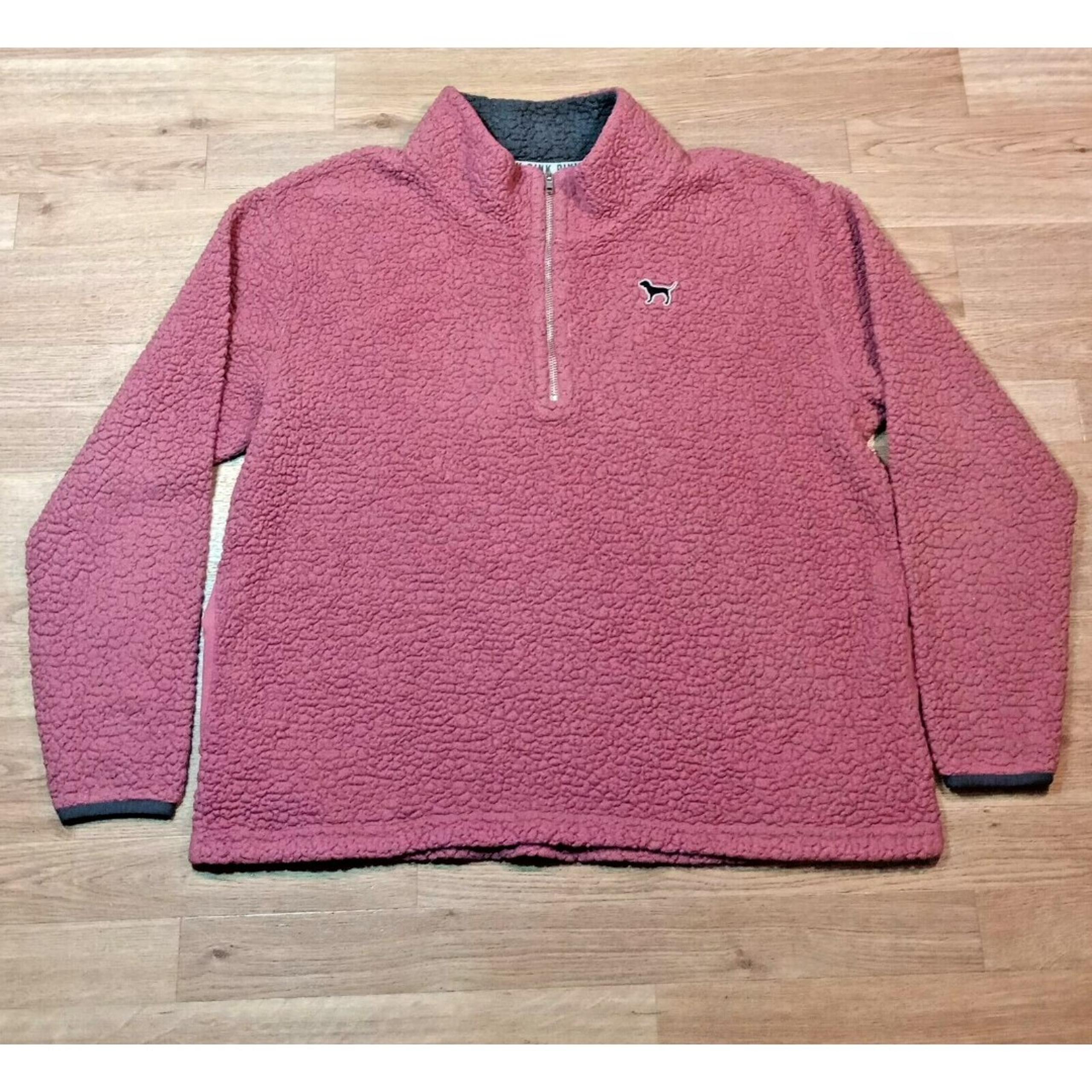 Victoria Secret PINK Pullover Womens Large 1/4 Zip Shearling Sweater Dog Logo*