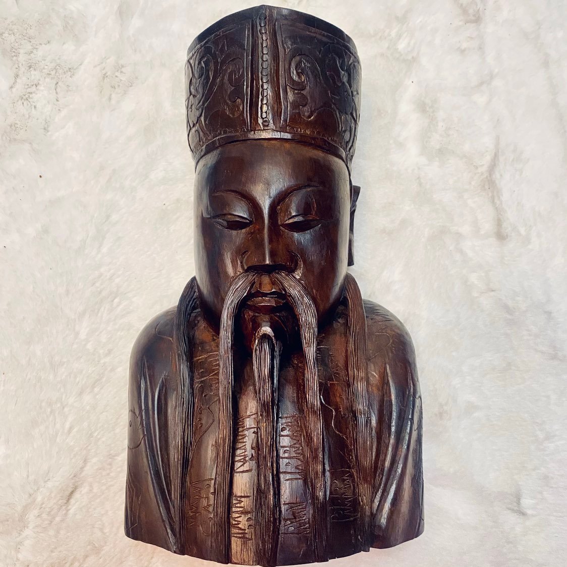 Vintage Chinese Handcarved Hardwood Head Bust Statue Sculpture 13”Tall X 7”Wide