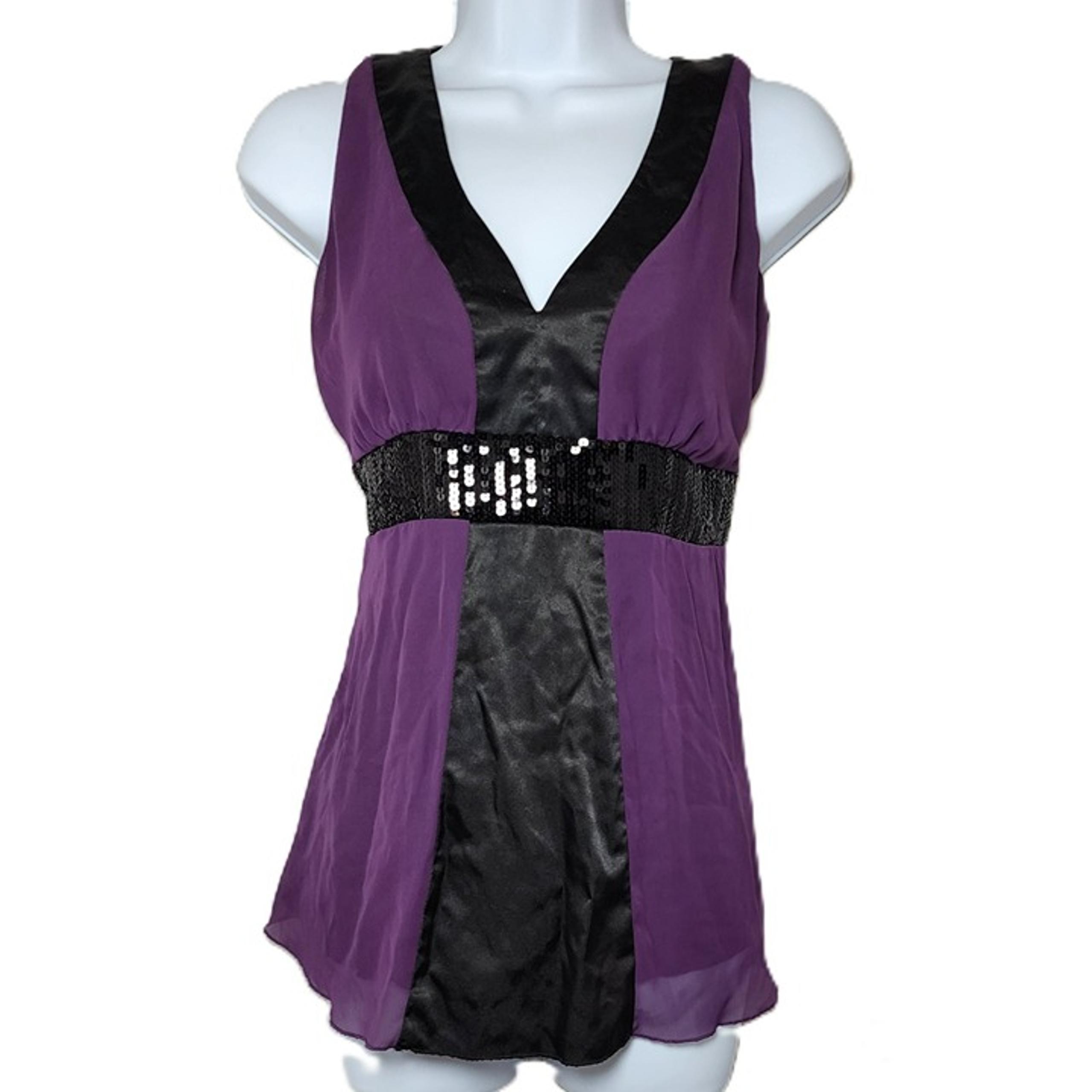 Jonathan Martin Purple Black Sleeveless Top Size M – Sequin Waist, V-Neck Blouse