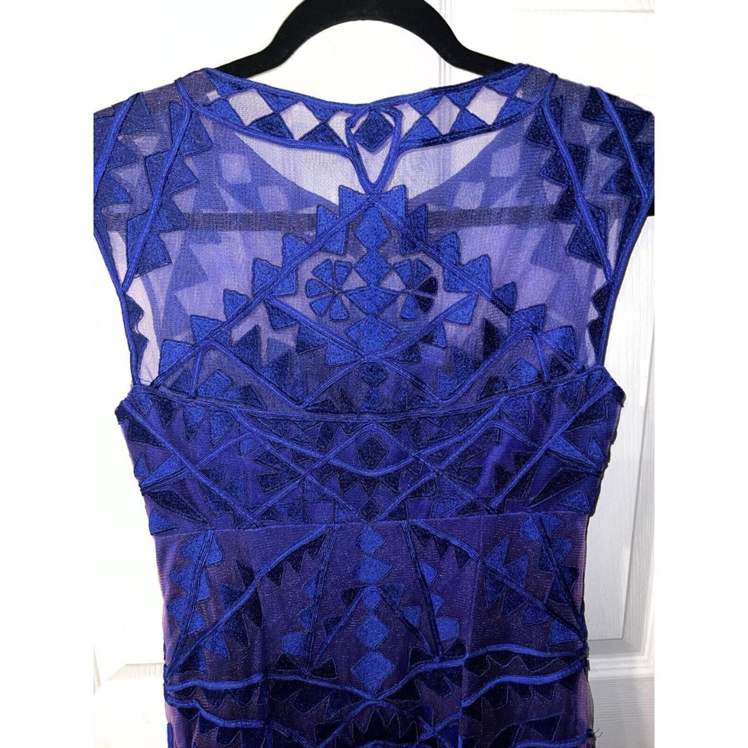 Sue Wong Nocturne Dress Womens 6 Blue Embroidered Lace Ribbon Sheath Romantic