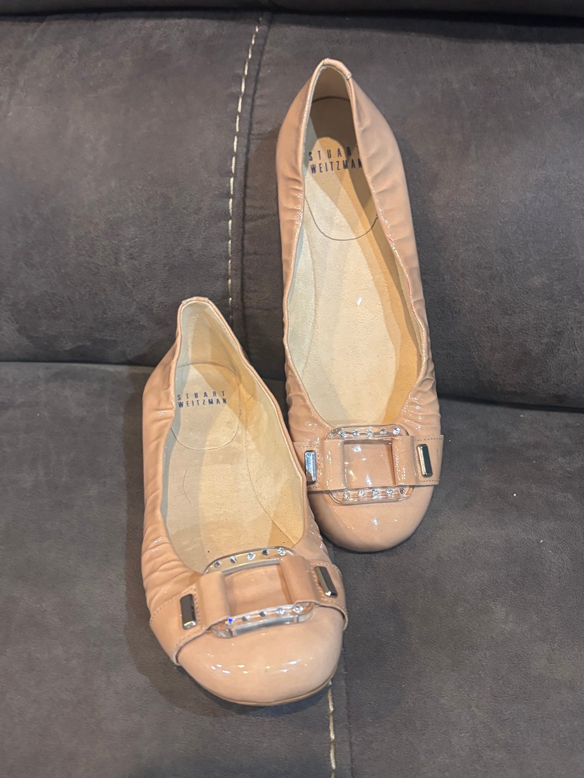 Stuart Weitzman Ballet Flats Size 6, Nude Patent Leather Crystal Buckle