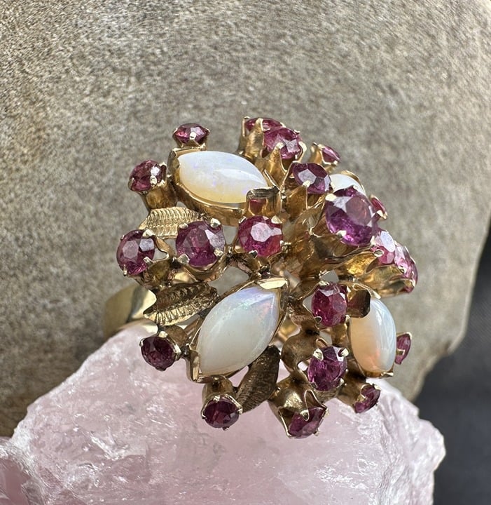 Opal and Pink Sapphire Estate Cocktail Ring 18k Solid Yellow Gold Size 6.