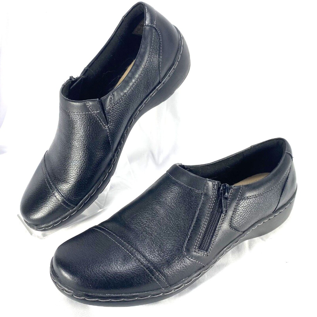 Clarks Collection Clogs Loafer Shoes Women Size 7 D Black Leather Zip Up Comfort