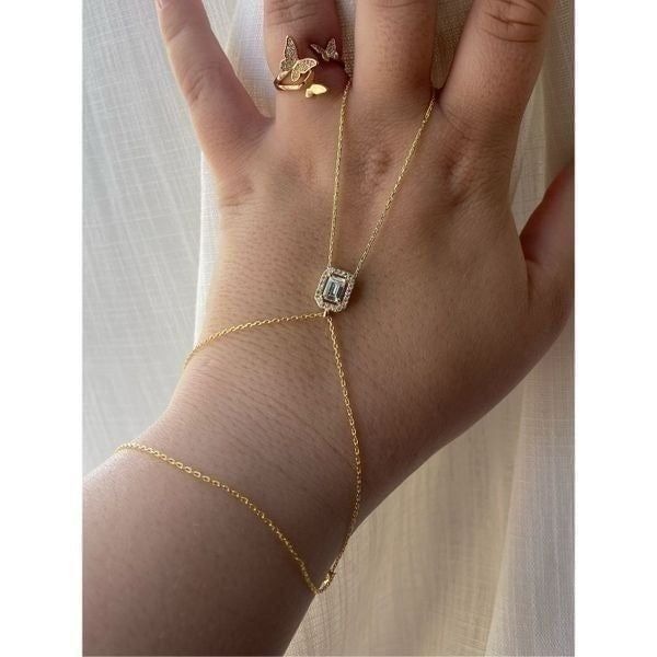 Cubic zirconia Emerald cut gold finger chain bracelet