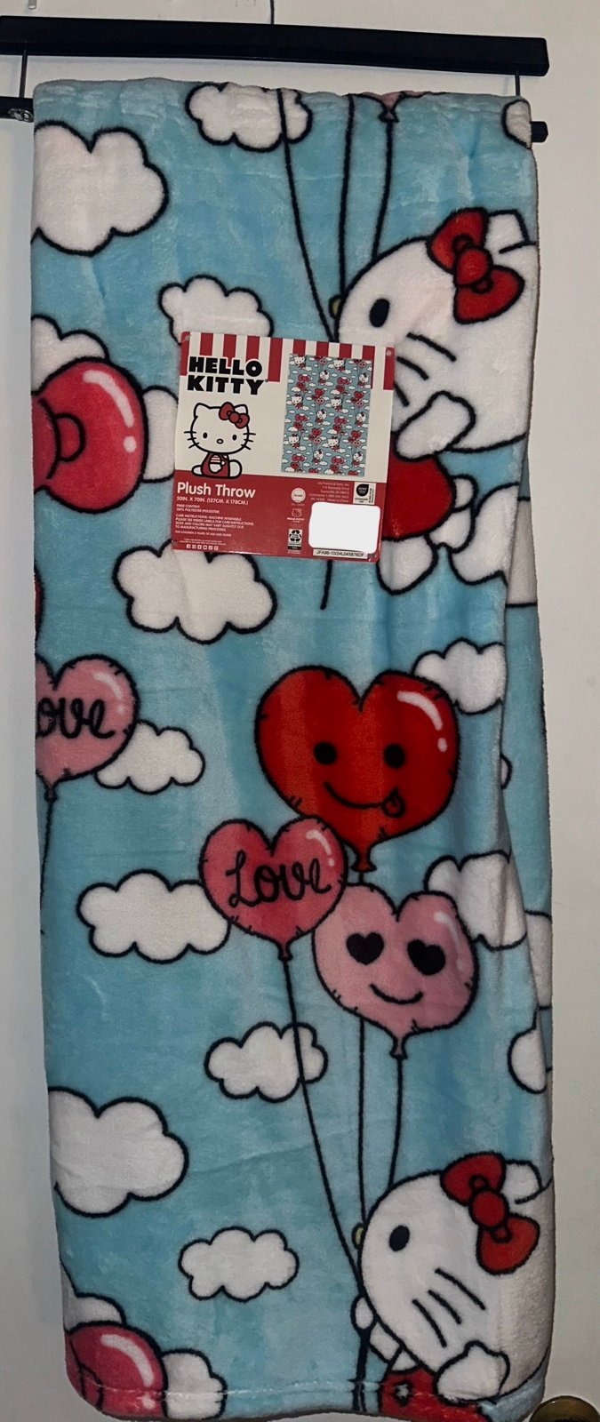 Hello Kitty Valentine’s BLUE ballons clouds throw blanket RED pink