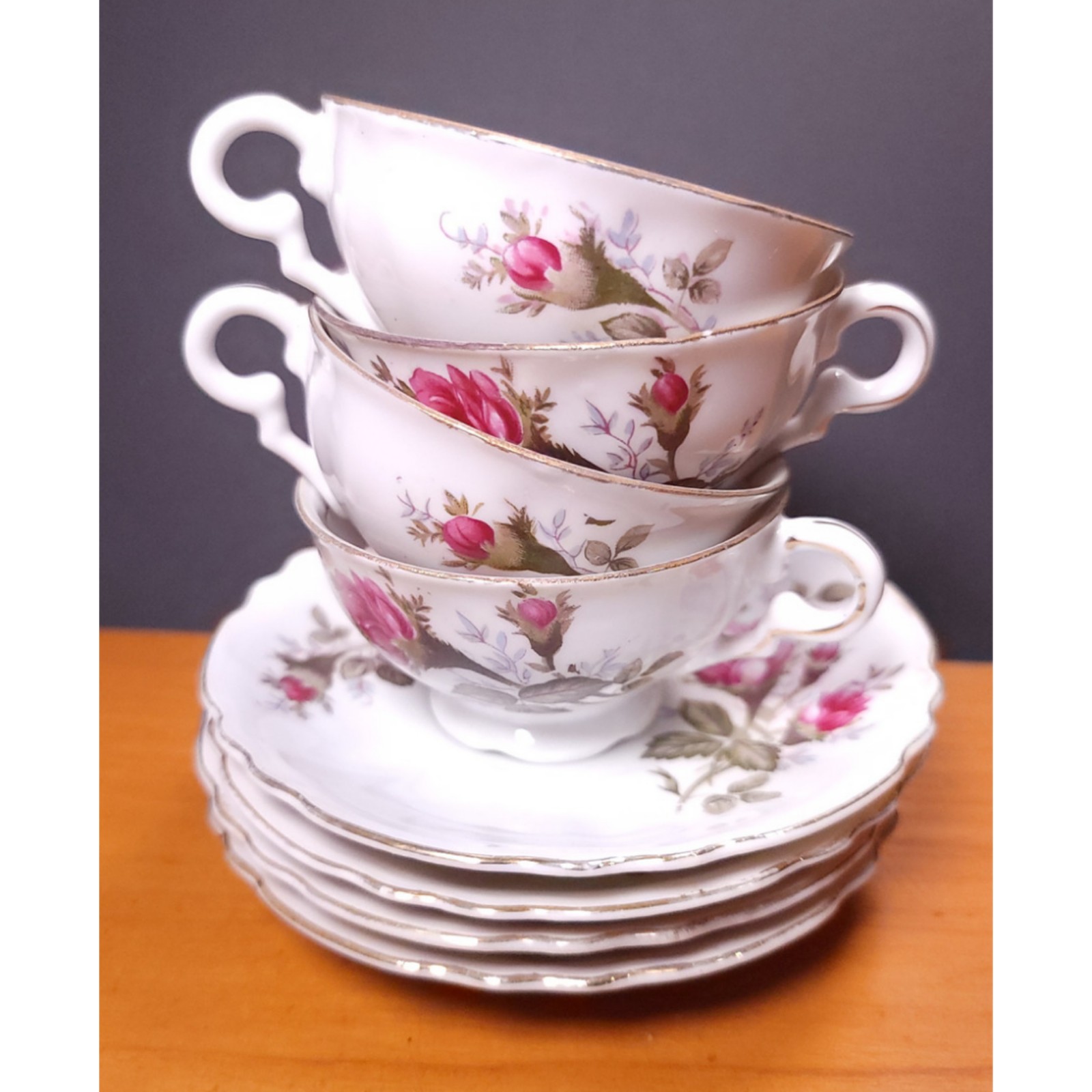 Moss Rose Footed Tea Cup & Saucer Set Of x4 Pink Flowers Japan Bone China