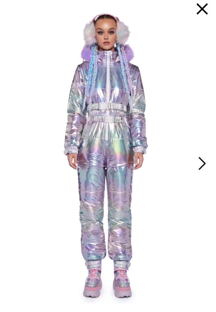 Dolls Kill Aurora Beam Holographic Snowsuit Lavender