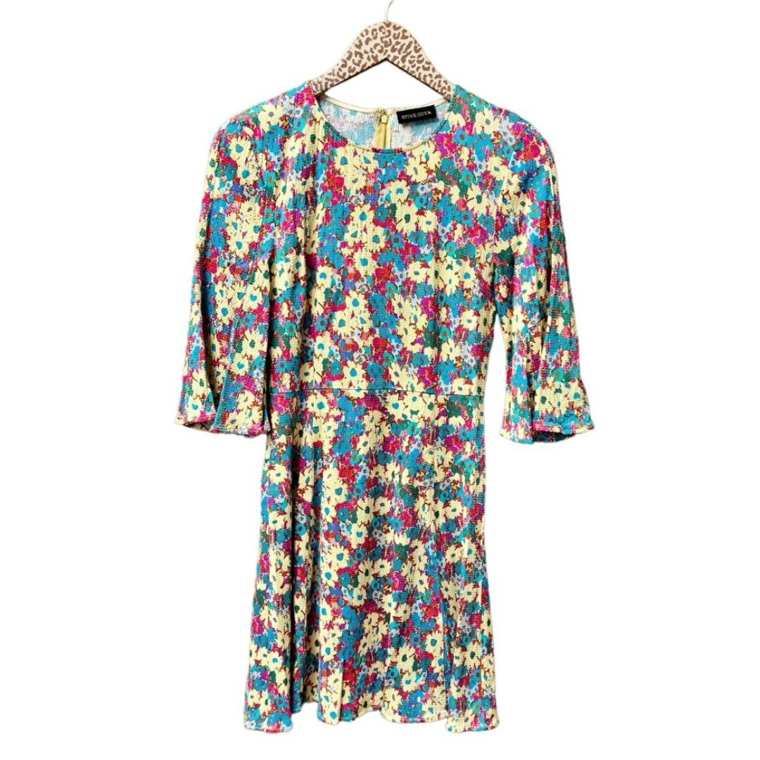 Stine Goya Jasper Daisy Field Teal Multicolor Floral 3/4 Sleeve Mini Dress Small