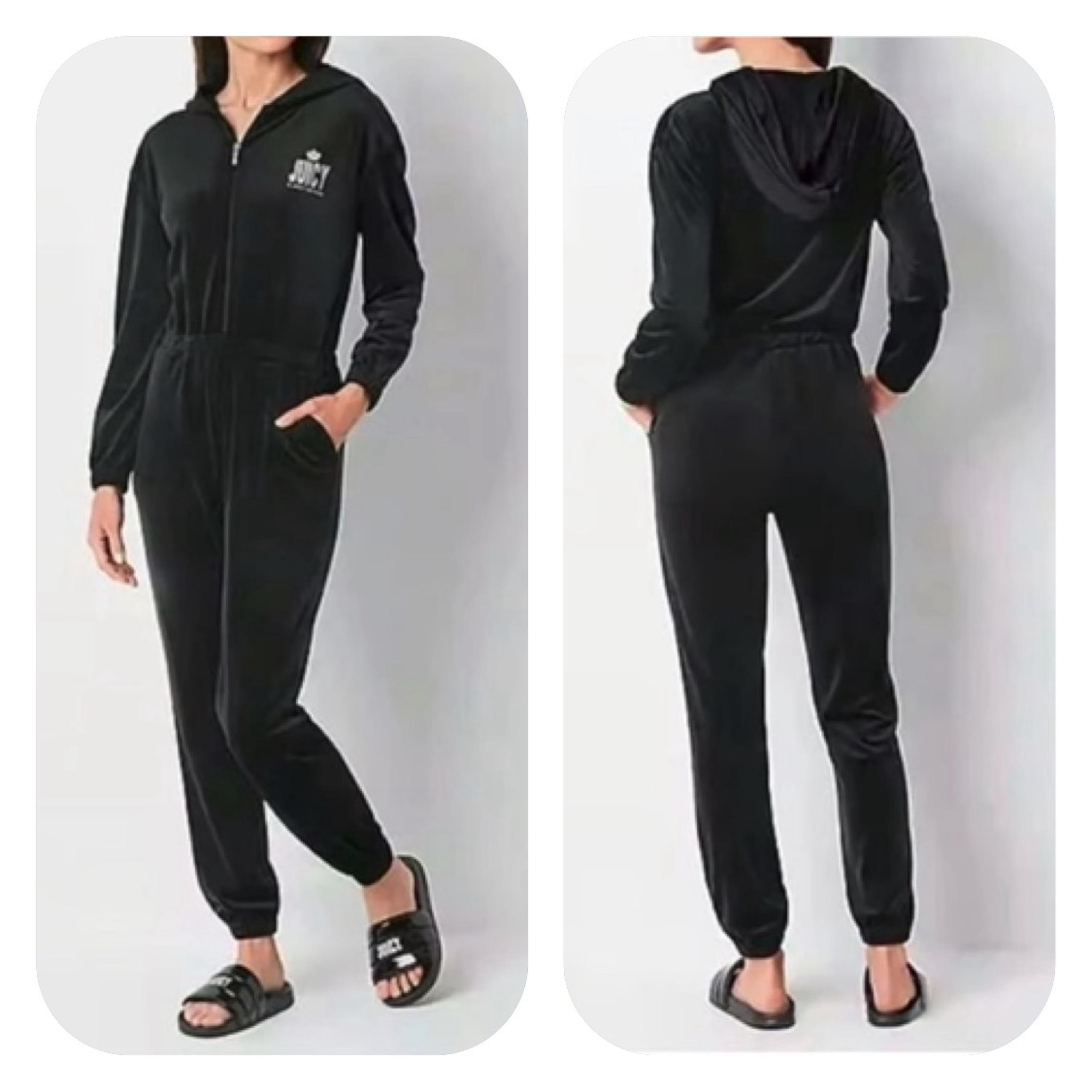 {Juicy Couture} Hooded Velour Jumpsuit Long Sleeves in Black - Womens Large