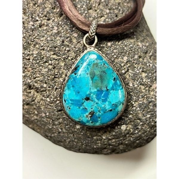 Vtg 925 Barse Genuine Teardrop Turquoise Pendent Brown Leather Boho Necklace