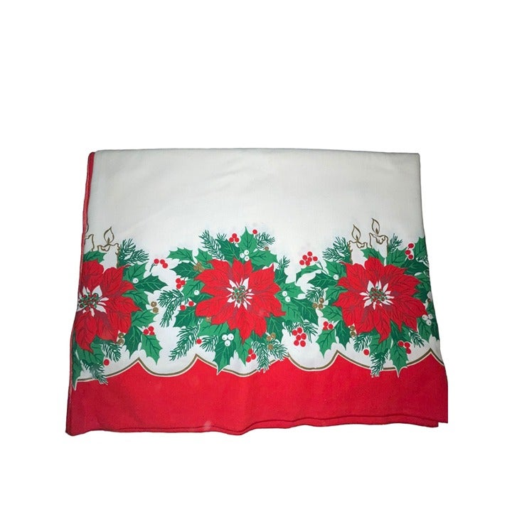 Vintage Sunweave Linen Corp Christmas Tablecloth Poinsettia 84 x 61