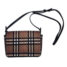 Burberry Hampshire Crossbody Vintage Check Coated Canvas Black Leather Bag