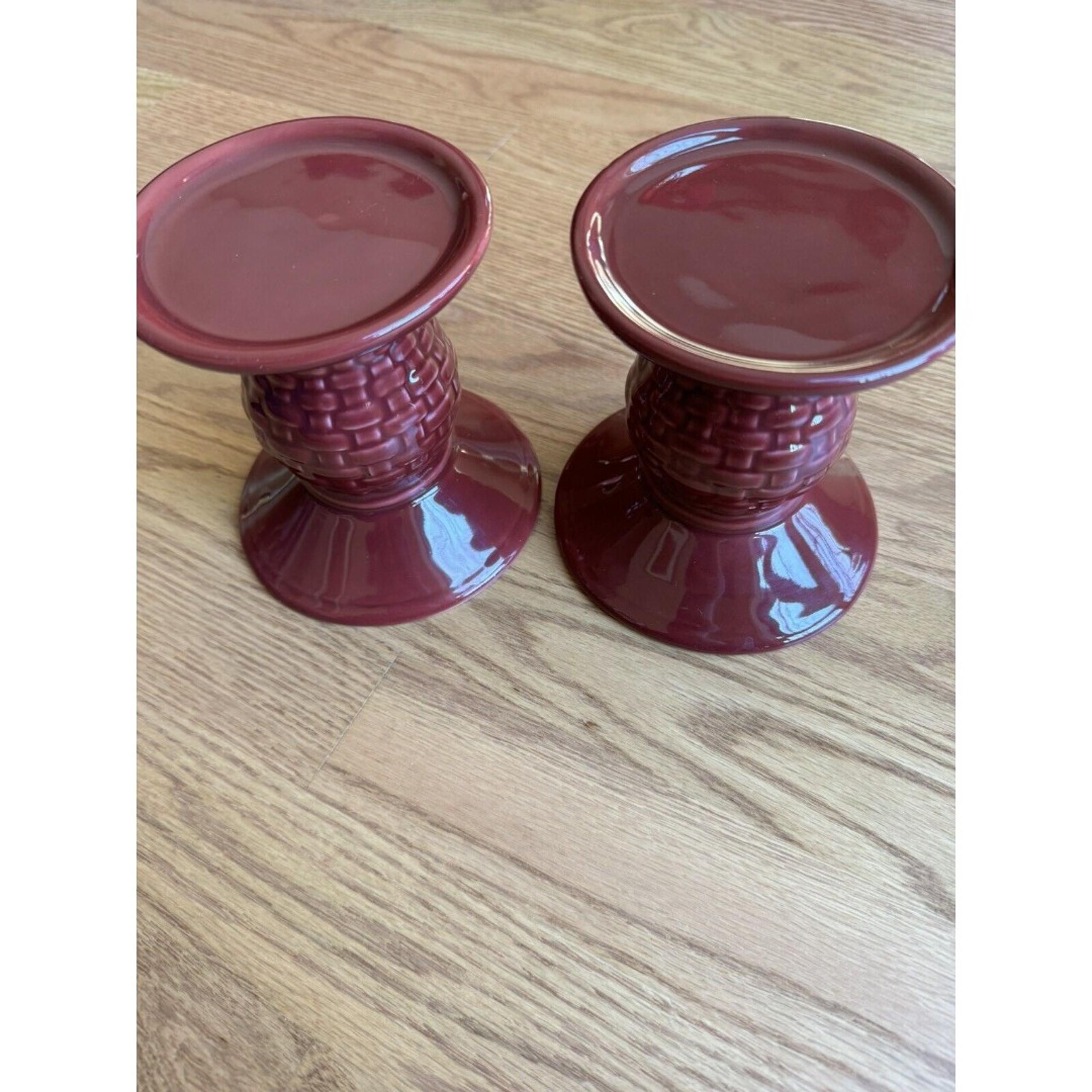 2 Longaberger Woven Traditions Pillar Candle Holders  5" Paprika, Red, Maroon