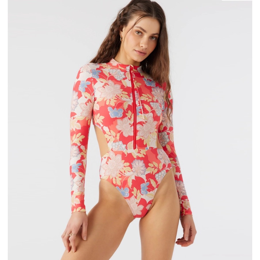 O'Neill Women Red Floral Antalya Dana Long Sleeve Cut-outs Surf Swimsuit Size S