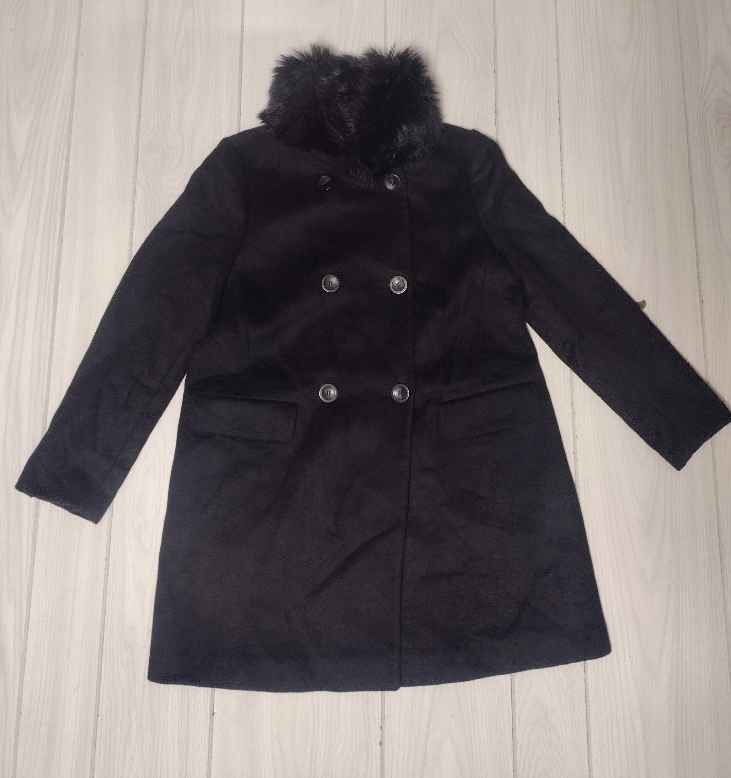 Ann taylor Women's  Coat Black Faux Fur Collar Added MP NWT Wool Blend