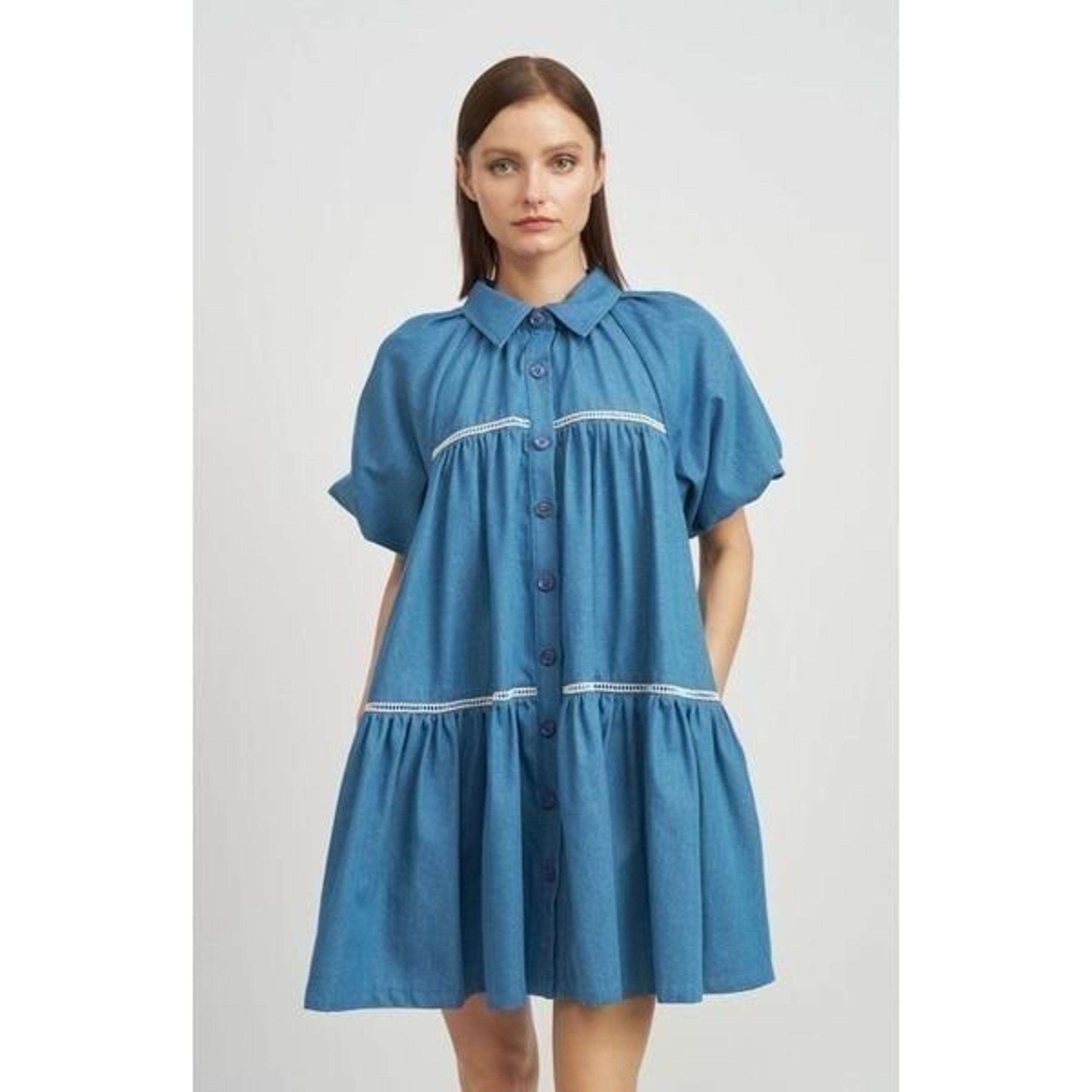 En Saison Tara Tiered Cotton Trapeze Shirtdress In Chambray Blue Size XS