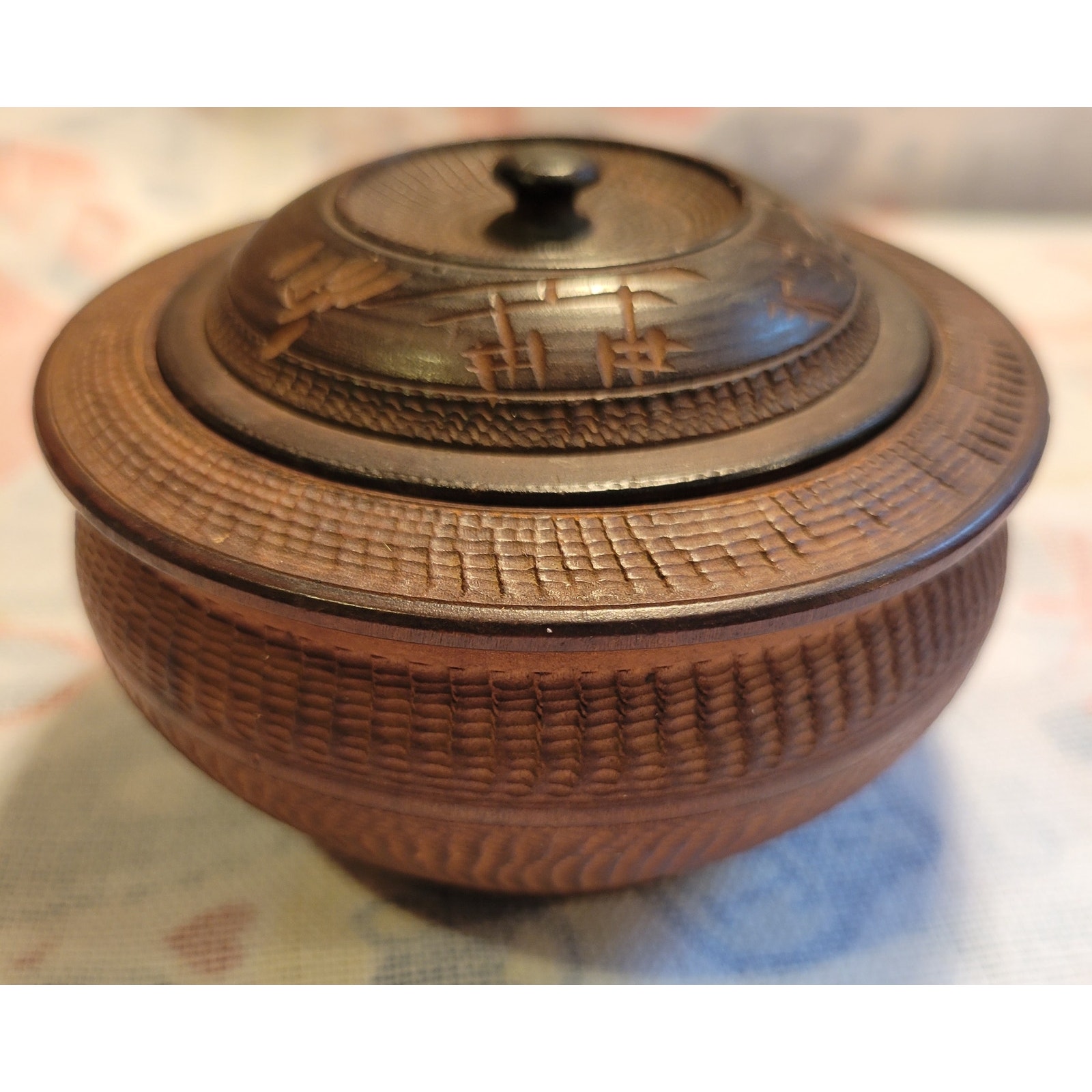 Vintage Wooden Japanese Rice Bowl and Lid 4 round 3 Tall Torii Gate Mount Fuji