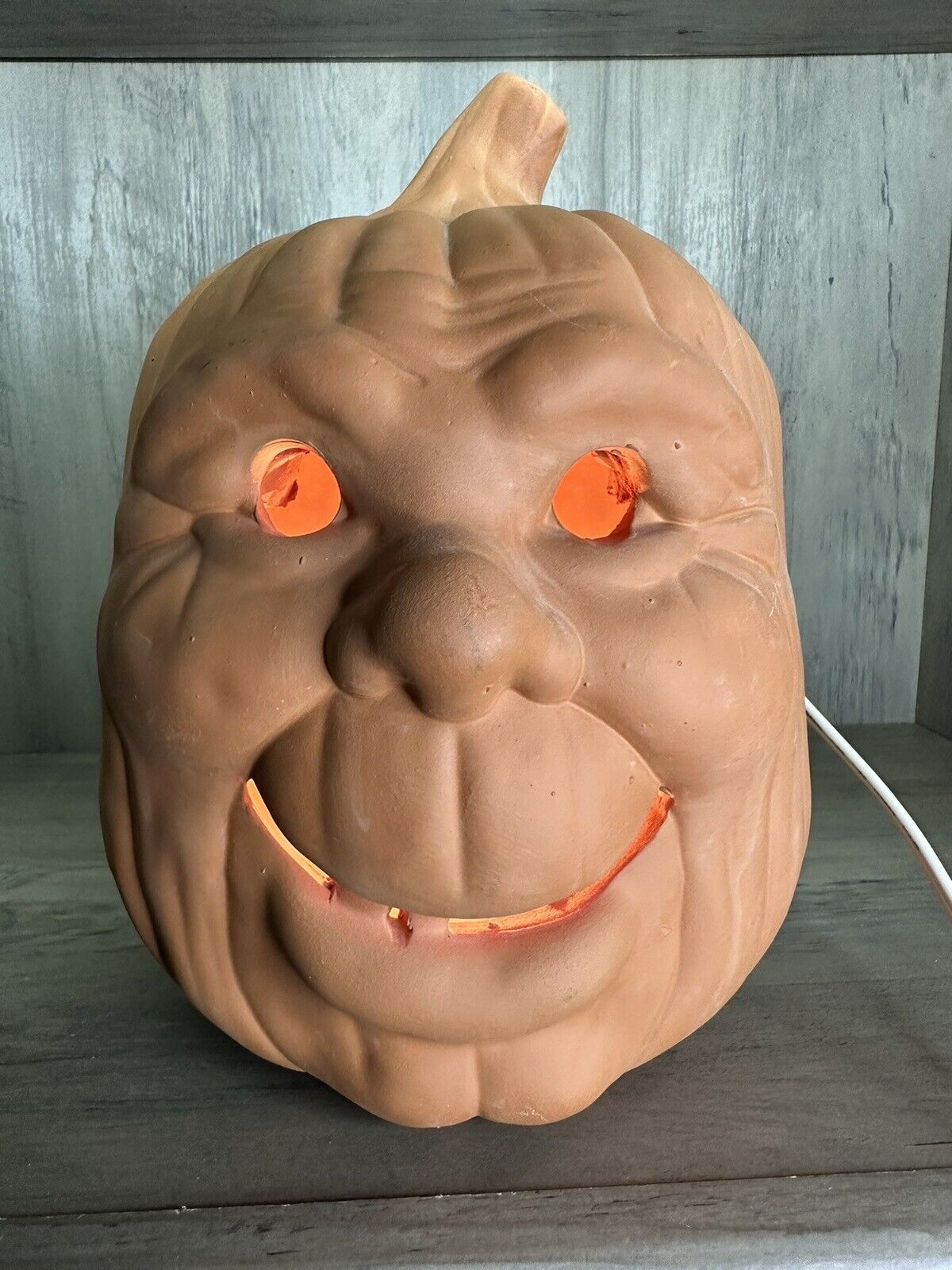Vintage Terra Cotta Ceramic JACK O LANTERN Pumpkin Halloween Funny Face Light Up