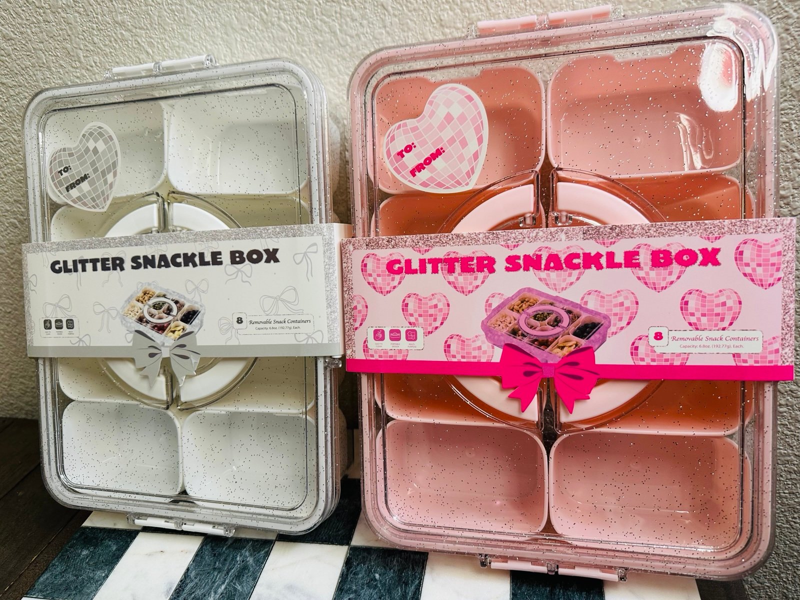 Bundle pink and white  glitter snackle box