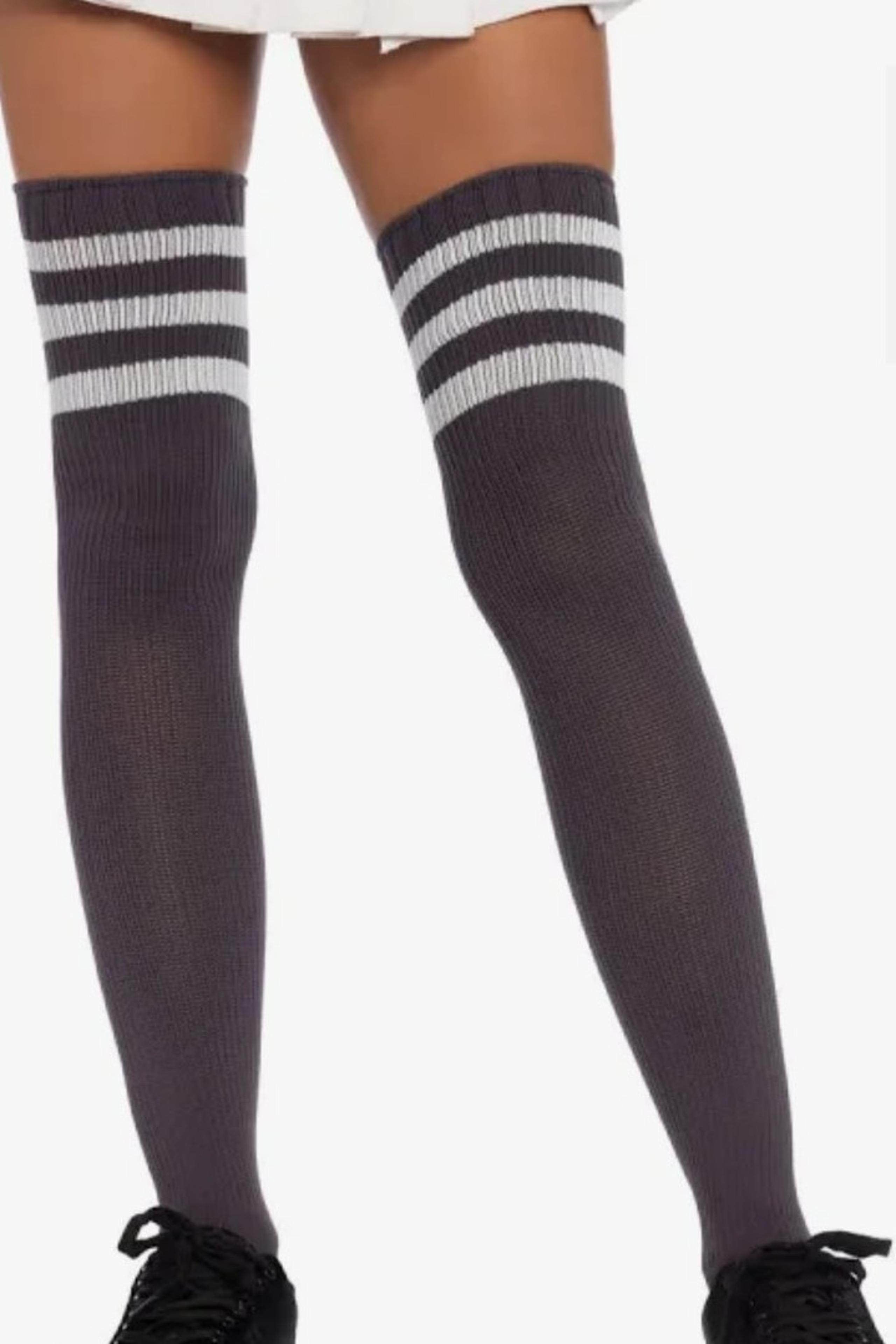Leg Avenue 6605 Gray & White Three Stripes Athletic Ribbed Thigh Highs Socks
